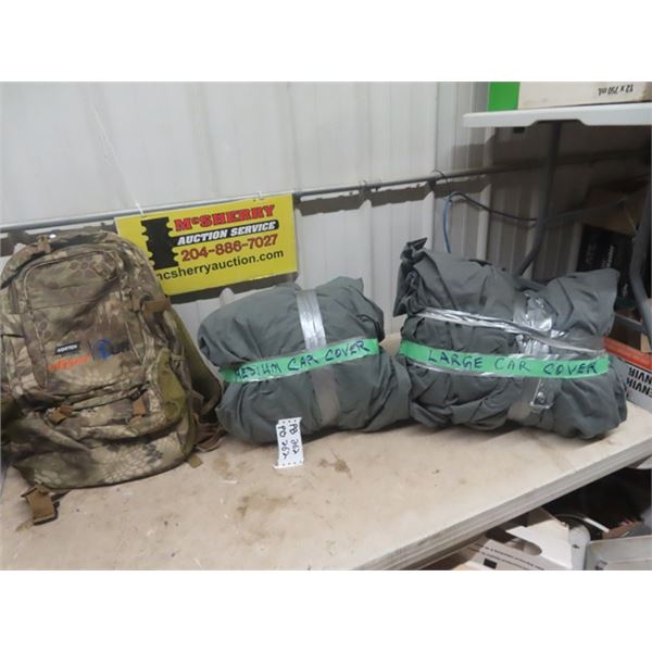 2 Car Covers; 1) Med, 1) Large & Camo Back Pack