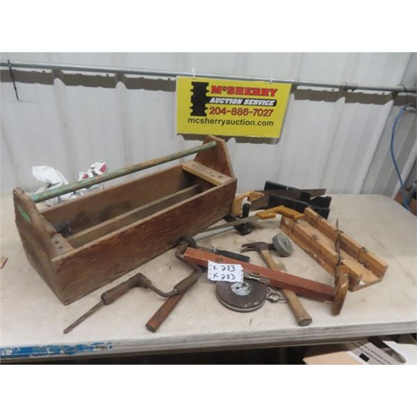 Wood Working Tools in Wooden Tool Box; Saws, Level, Hammer, Mitre plus more