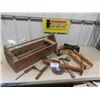 Image 1 : Wood Working Tools in Wooden Tool Box; Saws, Level, Hammer, Mitre plus more