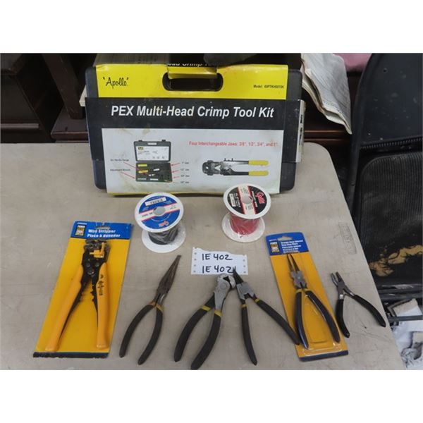 Pex Multi Head Crimp Tool Kit - New , Powerfist Wire Strippers, 5 Powerfist Pliers, 2 Rolls of Wire