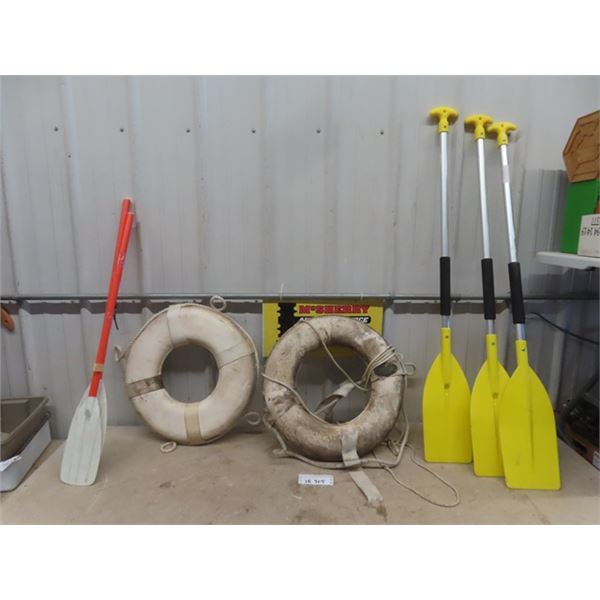 3 Larger Aluminum/Plastic Boat Oars, 2 Smaller Plastic Oars, 2 Life Ring Buoy