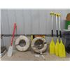 Image 1 : 3 Larger Aluminum/Plastic Boat Oars, 2 Smaller Plastic Oars, 2 Life Ring Buoy