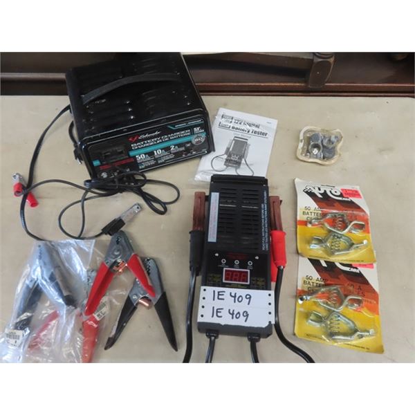 Digital Battery Tester, Schumacker Battery Charger 12 V, Battery Clamps, Cable Ends