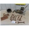 Image 1 : Vintage Seed Broadcaster, Old Wrenches, Pair of Wool Carders, Old Auto Headlamp Bezel