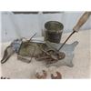 Image 2 : Vintage Seed Broadcaster, Old Wrenches, Pair of Wool Carders, Old Auto Headlamp Bezel