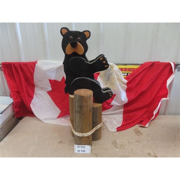 Wooden Bear in Logs & Canada Flag 36" x 72"