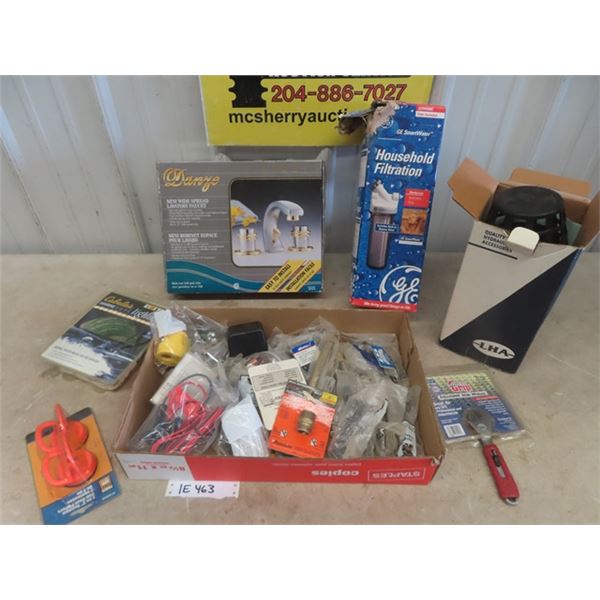 Misc. Lot ; Bathroom Taps, Water Filter, Wrench, Rope Light, Drawer Pulls plus more