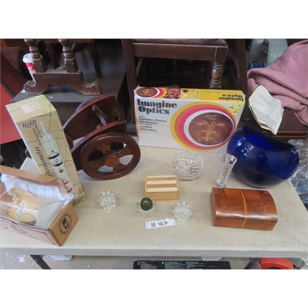 Fancy Glass Oil Candle, Galileo Thermometer, Wood Cannon Base, 2 Wooden Chests, Imagine Optics, Blue