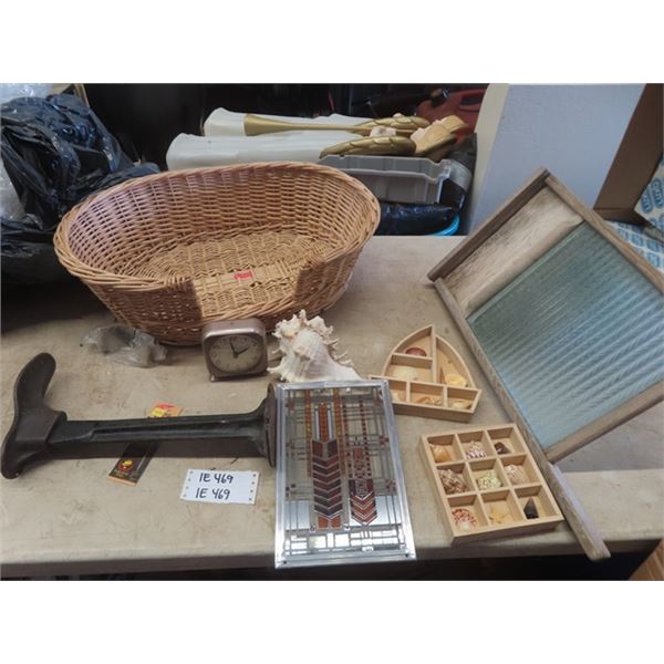 Shoe Mandrel, Wicker Dog Bed, Wash Board, Stained Glass, Shells