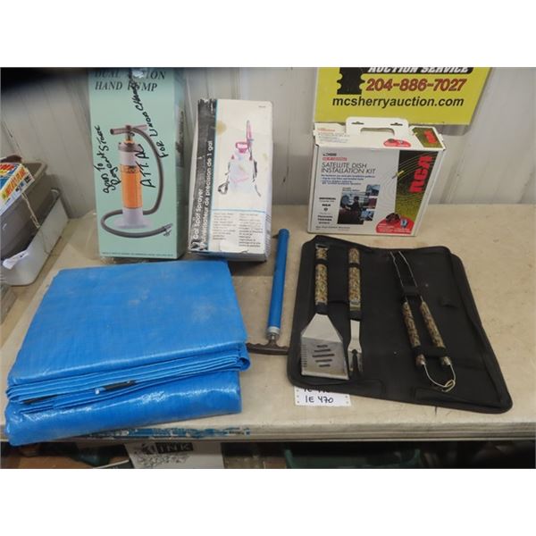 RCA Satellite Dish Install Kit, Blue Tarp, Air Pump, Sprayer, BBQ Tool Kit