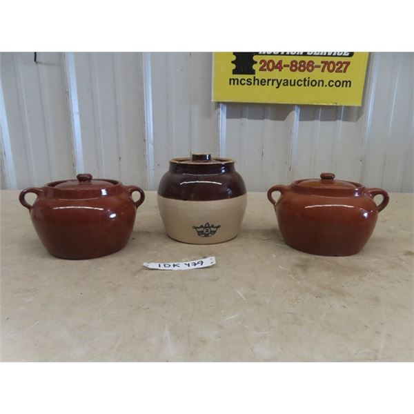 2 Medalta Small Bean Pots with Lids, Small Handled Crown Crock #2