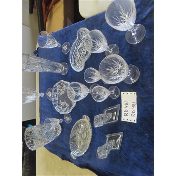 16 pcs of Crystal + Cut Glass; Glasses, Candy Dishes, Candle Holders