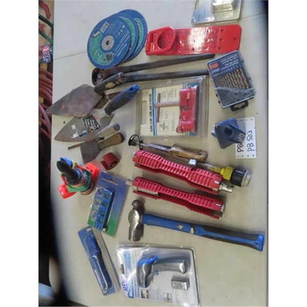 Misc. Tools; Trowels, Hammer, Temp Reader, Level, Clamp, Splitting Wedge