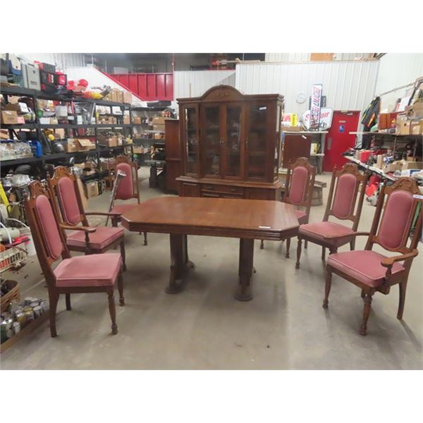 8pc Dining Room Suite;  Table 64" x 40" x 30" with 16" Leaf - 1 Leg Wobbly, China Cabinet 84" x 69" 