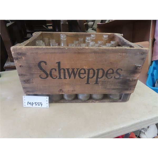 Wooden Schweppes Crate with 29 Royal Crown Cola Bottles ; 8oz + 10oz