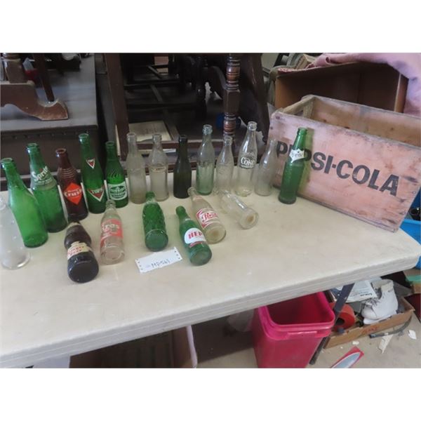 Wooden Pepsi Crate + 20 Misc. Pop Bottles: Orange Crush, Coke, Tops, Mission, Hep plus more