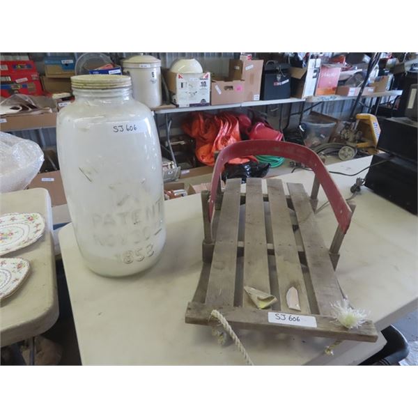 Very Large Mason Jar 18.5" Tall , Old Wooden Children's' Sled 27" Long