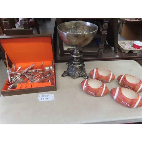 Box of Old Silverplate Cutlery, 4 Football Planter, Brass Style Display Bowl