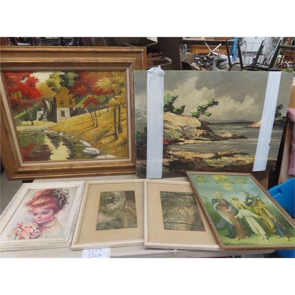 6 Old Pictures; Large Framed Oil on Canvas, Mill, Oil on Canvas Lake Scene, 1 Religious, 3 Smaller F