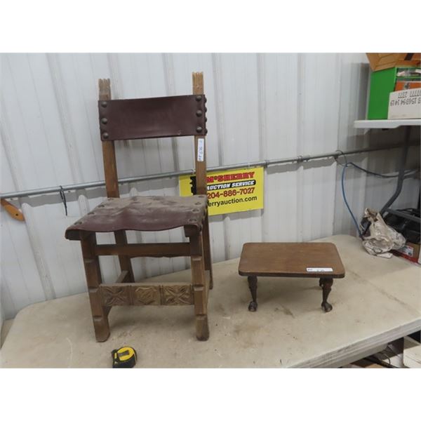 Wood + Leather Chair with Claw + Ball Foot Stool