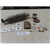 Image 1 : Canada + USA Coin & Token Lot ; Antique Rolling Pin with 7lbs of Pennies, Huge 1909 Copper Penny, 4 