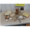 Image 1 : Old Cheese Dish Trays, Cookie Jars, Forestville 8 Day Wind Up Clock plus more