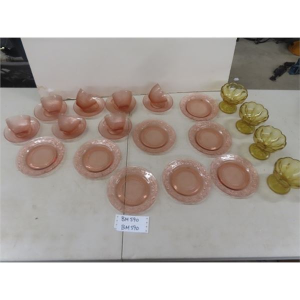 Pink Depression Glass; Tea Cups + Saucers, Plates, 4 Green Glasses