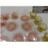 Image 3 : Pink Depression Glass; Tea Cups + Saucers, Plates, 4 Green Glasses