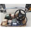 Image 1 : Automotive Parts; 2 Steering Wheels, 1947 Buick Chrome, Oil Filters, Spark Plugs, Truck Box Anchors