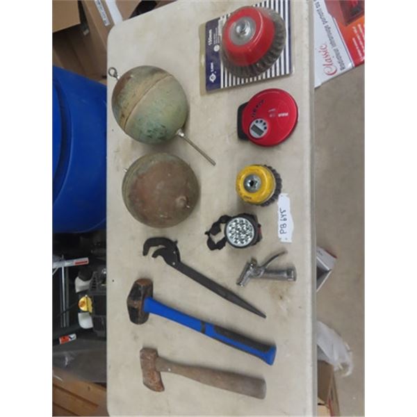 Small Sledge Hammer, Hatchet, Wire Bushes, 2 Plumbing Floats