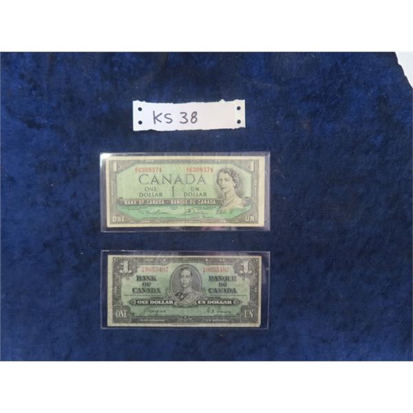 2 Canadian $1 Bills - 1954 & 1937