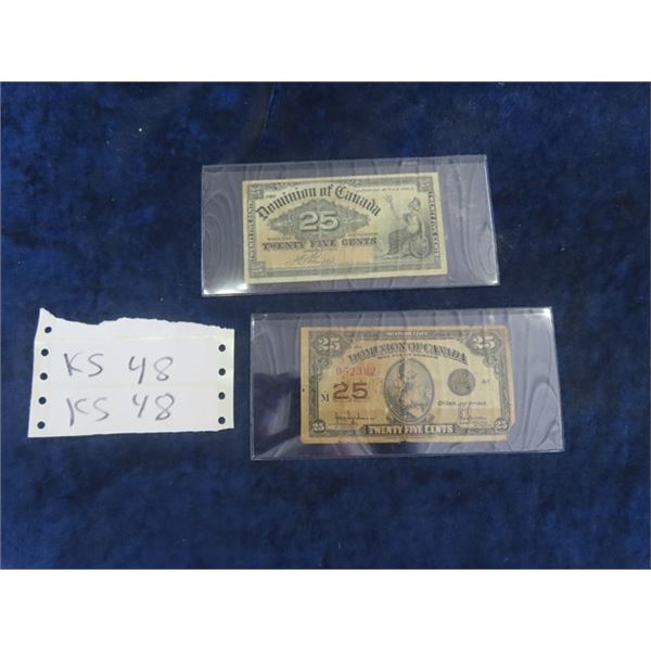 2 Dominion of Canada 25 Cent Paper Notes 1900 + 1923