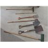 Image 1 : Lot of Yard Tools; 2 Rakes, 2 Shovels, Potato Fork plus more