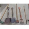 Image 2 : Lot of Yard Tools; 2 Rakes, 2 Shovels, Potato Fork plus more