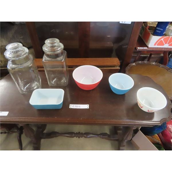 3 Pyrex Bowls, 1 Pyrex Rectangle, 2 Candy Jars