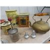Image 2 : Modern Tins, Brass Kettle, Art on Cast Frying Pan, Chopper