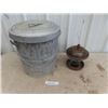 Image 1 : Small Metal Trash Pail with Lid & Bird Feeder