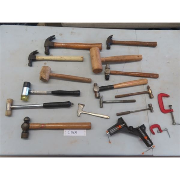 10 Large Hammers, 4 Smaller Hammers, Clamps