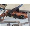 Image 2 : Carpentry Tools; Hand Saw, Mitre Saw, Staplers, Square, Older Wooden Level, Metal Level plus more
