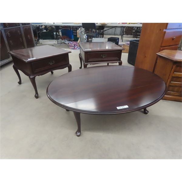 3 Pc Table Set; Drop Leaf Coffee Table Extended 16" x 36" x 48" , End Tables 21" X 26" x 26"