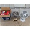 Image 1 : 2 Table Fans & Box of Light Bulbs