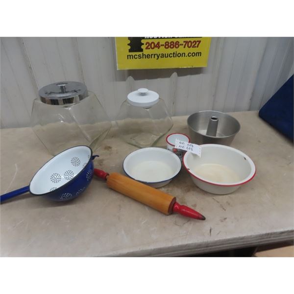 2 Store Cannisters/Candy Jars, Enamel Ware, Rolling Pin