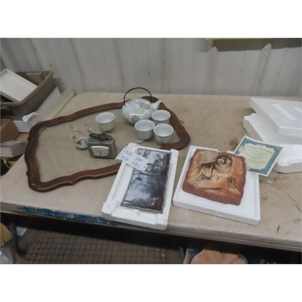 Collectible Displays with Certificate , Tea Wagon Tray + Tea Set, Soap Stone Thermometer