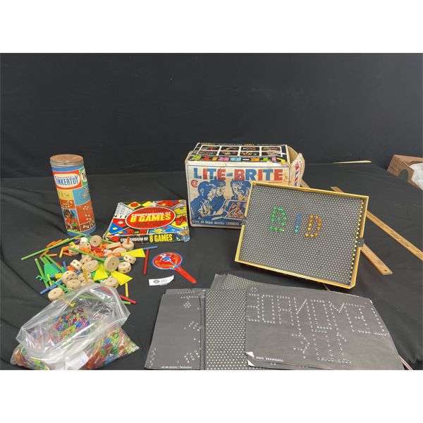 Lot of Vintage Kids Toys. Tinker Toy, 8 Games and 1967 Lite Brite Working With Original Box