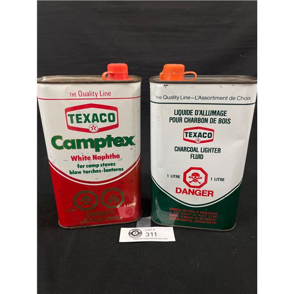2 Empty Texaco Tins. Charcoal Ligter Fluid and White Naphtha 