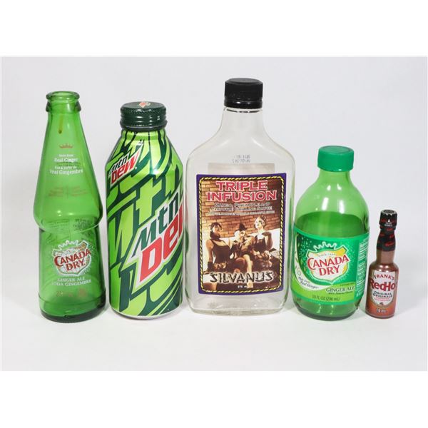 4 COLLECTIBLE SODA BOTTLES & 1 MINI FRANKS RED HOT