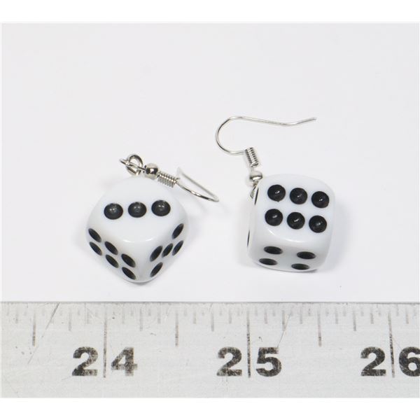 NEW WHITE AND BLACK 6 SIDED DICE DROP EARRINGS