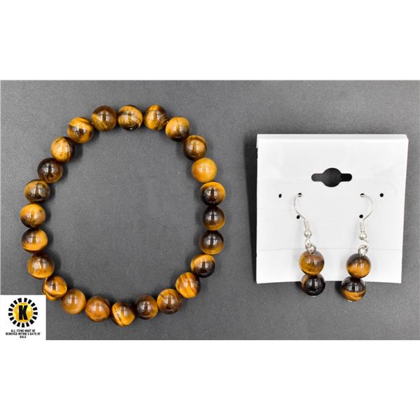 #164-NATURAL TIGER EYE EARRINGS, BRACELET