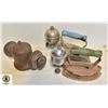Image 1 : 2 ANTIQUE STEAM IRONS AND TRAIN METAL LANTERN