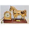 Image 1 : BRASS COLOURED MANTEL CLOCK & HORSE ON WOODEN